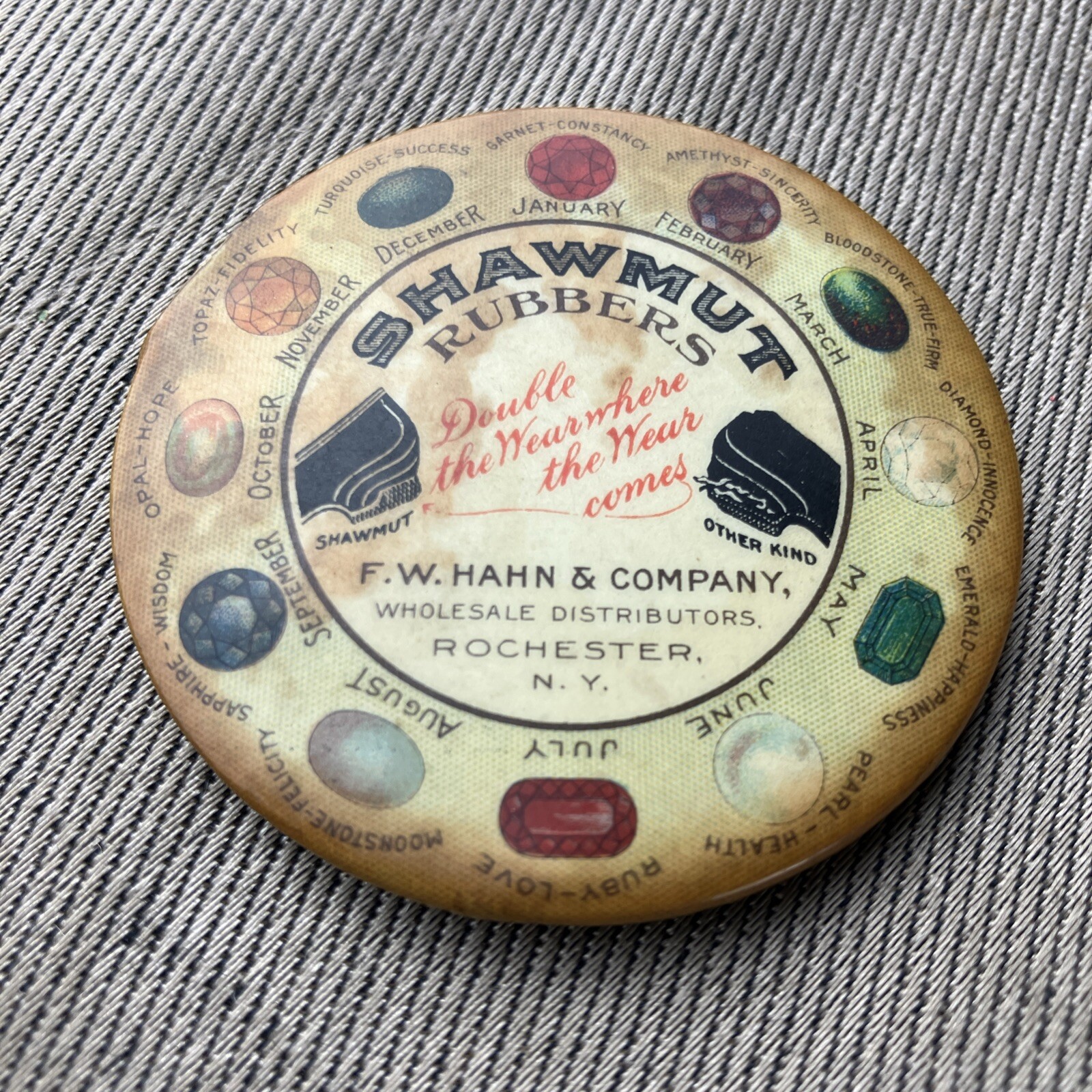 c.1915 SHAWMUT RUBBERS Hahn Co. ROCHESTER NY Calendar celluloid pocket mirror *