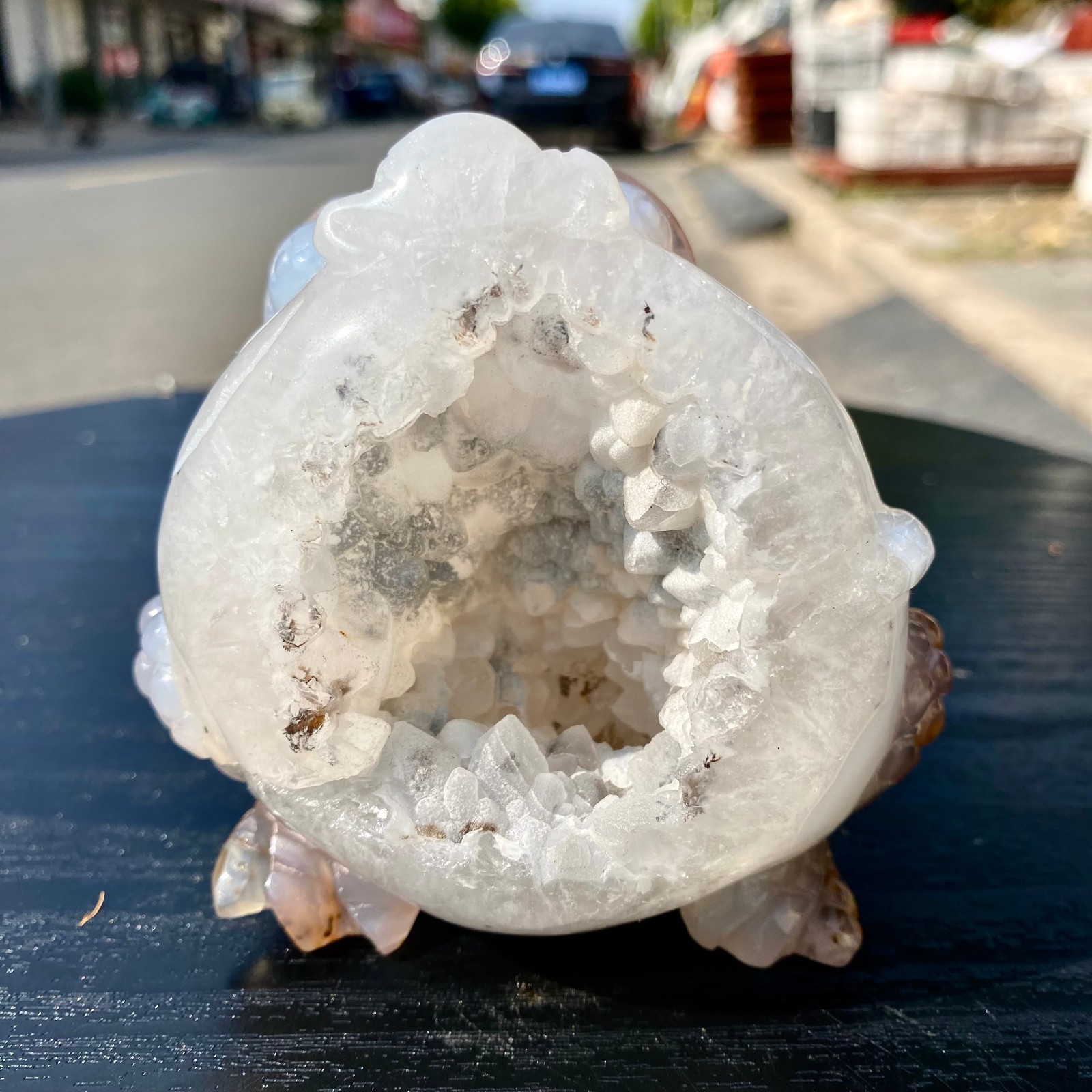 1.1LB Natural Amethyst agate geode quartz crystal Hand carved Golden Toad