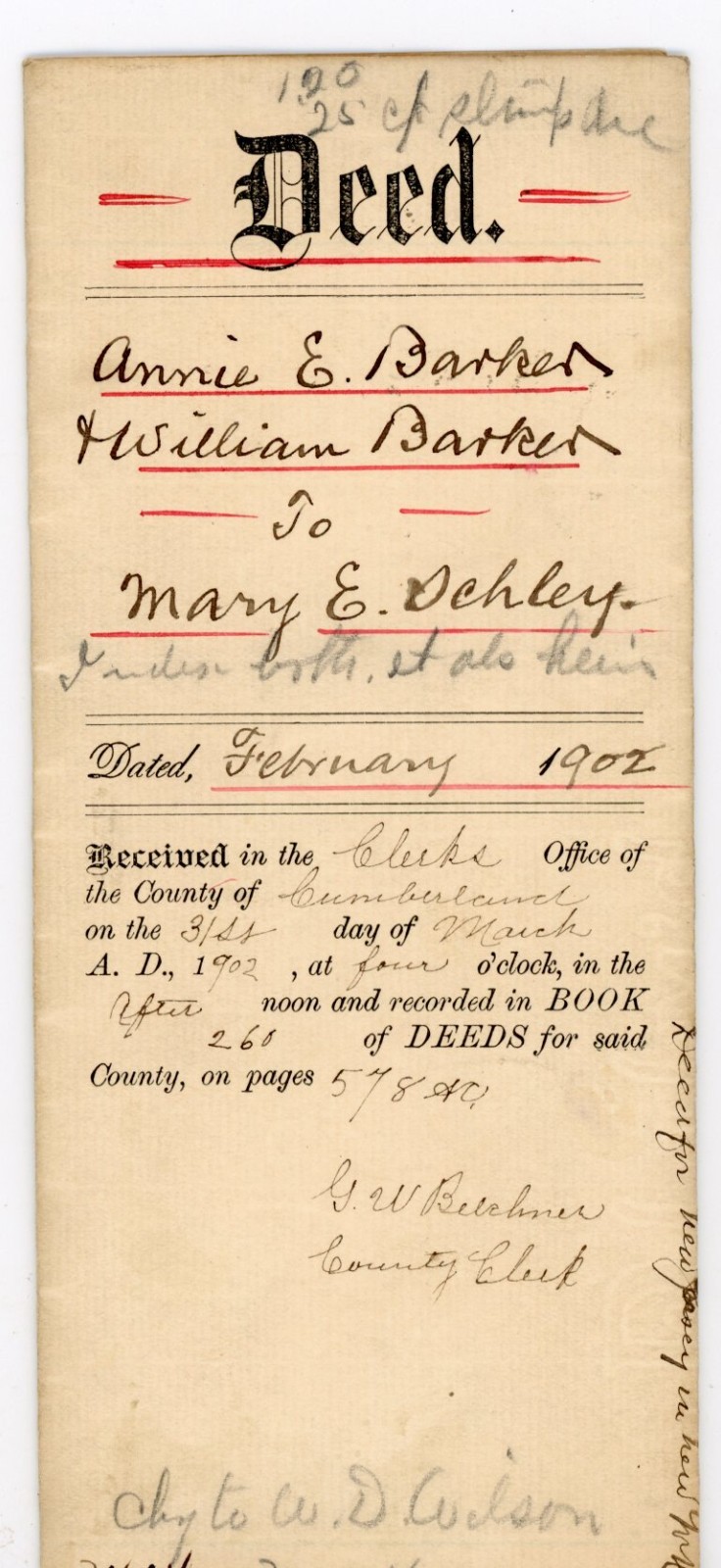1902 Quit-Claim Deed Annie E. Barker to Mary E. Schley Cumberland Co New Jersey 1902 Quit-Claim Deed Annie E. Barker to Mary E. Schley Cumberland Co New Jersey