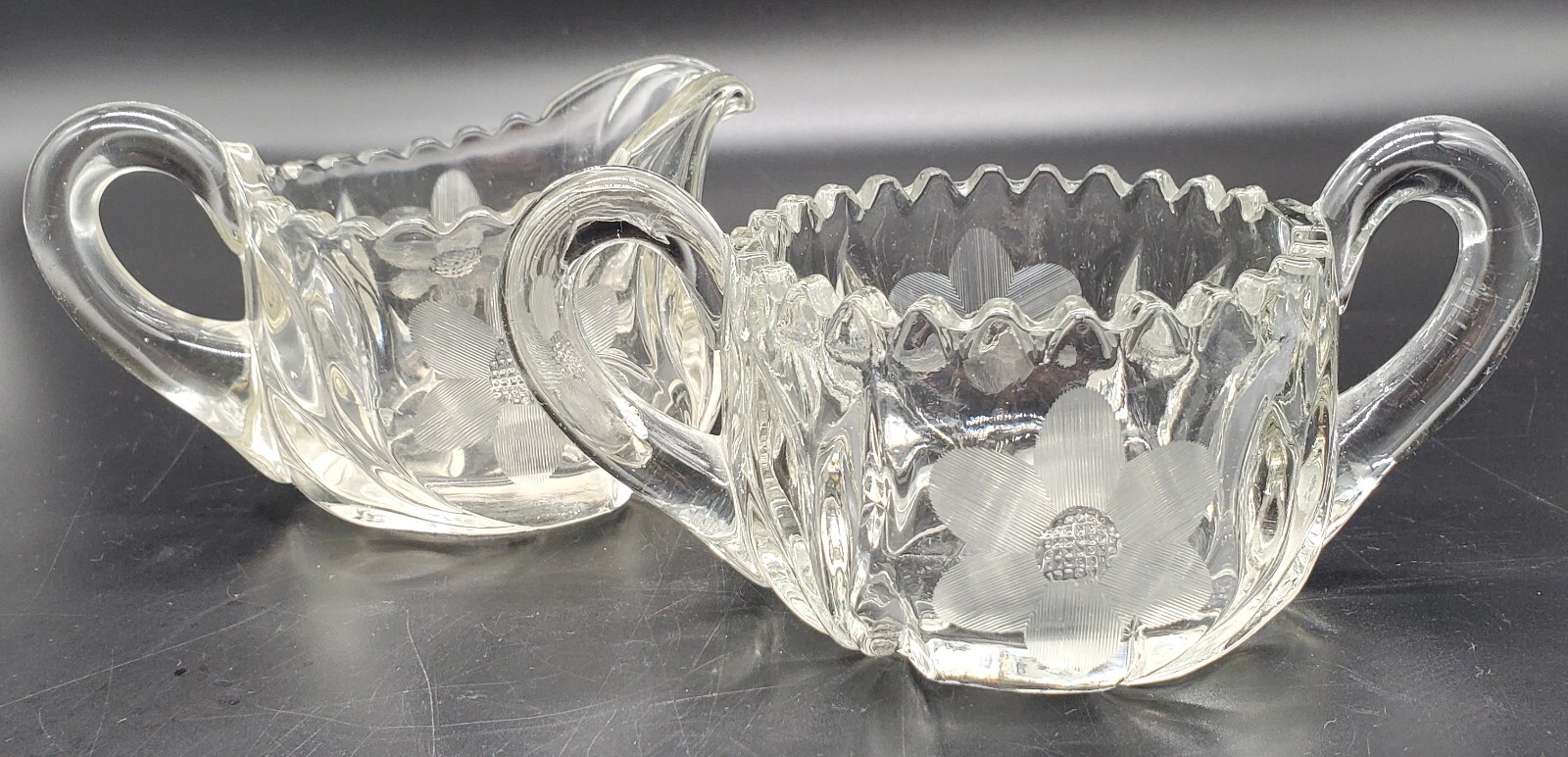 Vintage APG Etched Flower Open Sugar Bowl/Creamer Set- Sawtooth Rim Vintage APG Etched Flower Open Sugar Bowl/Creamer Set- Sawtooth Rim