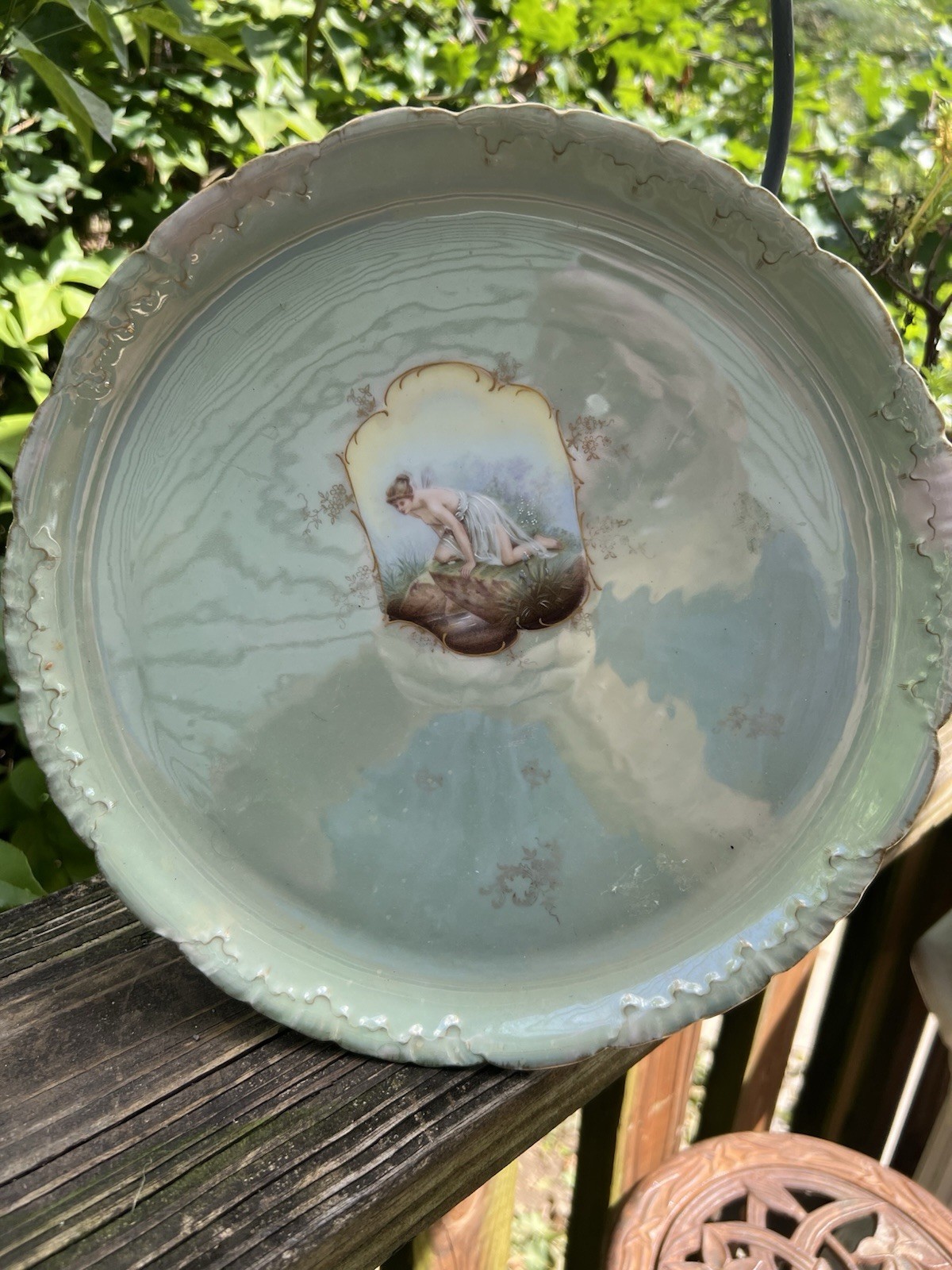 Antique Bavarian Porcelain Plate  19th Century Painted Maiden Scene...