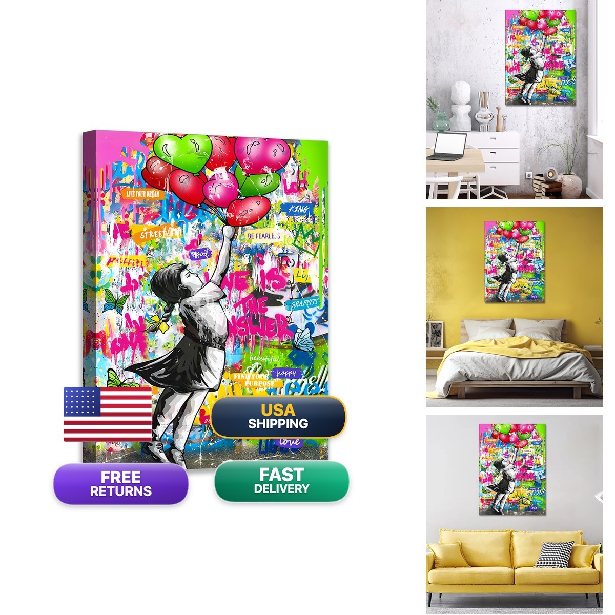 Novatique Banksy Balloons and Girl Framed Art Ready to Hang 24 x 36 inch