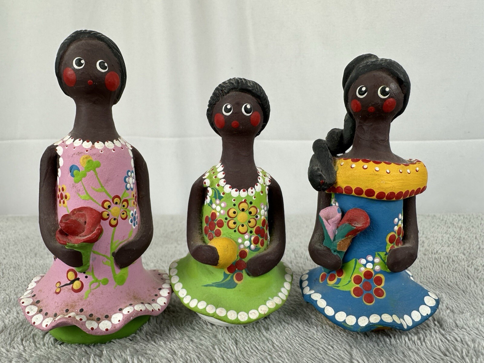 Folk Art Vintage Handmade Clay Flower Girls