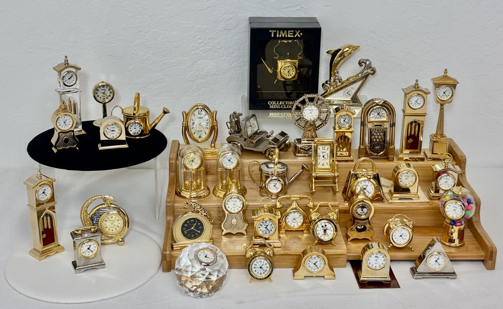 VINTAGE 37 PC GOLD-TONE MINI CLOCKS ~ 29 WORKING/8 W/ISSUES ~ ELGIN*FABERGE ++