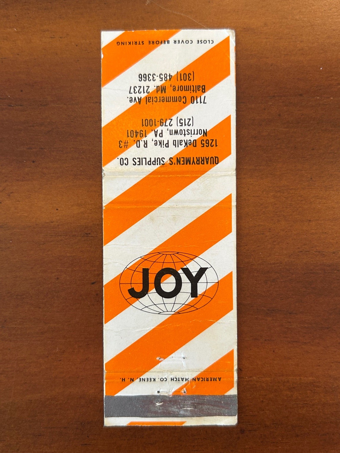 Vintage JOY Quarrymen's Supplies Matchbook Cover 1950s American Match Co. Vintage JOY Quarrymen's Supplies Matchbook Cover 1950s American Match Co.