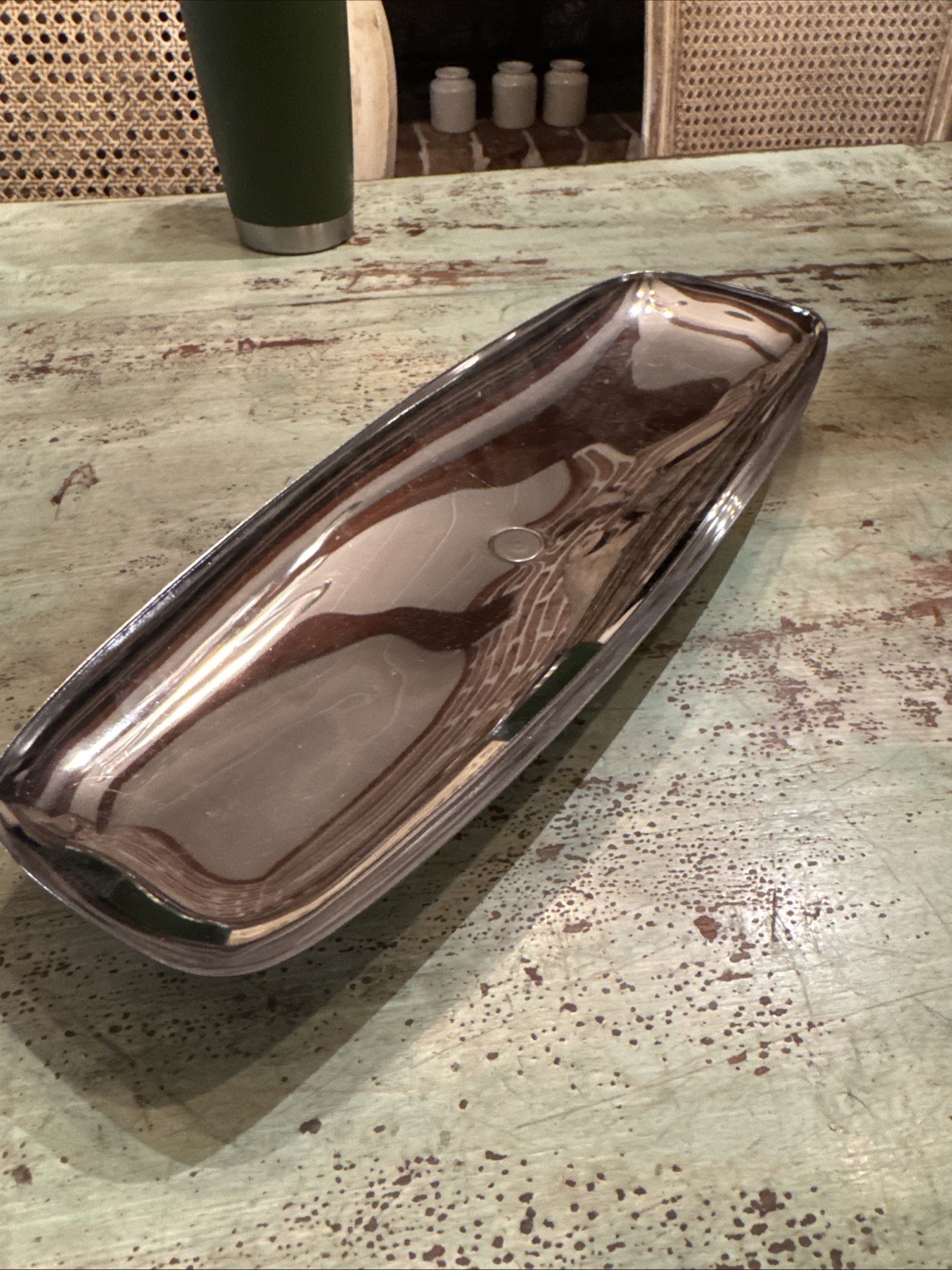 MCM Milbern Celery and Olive Dish Chromium Wood Base 13\