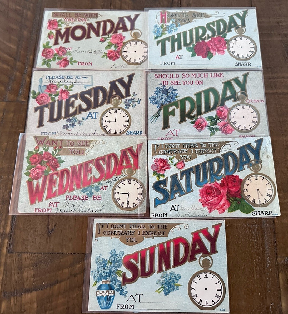 Lot of 7~Days of WEEK~Appointment Greetings~POSTCARDS~Pocket Watches-Clocks~r633