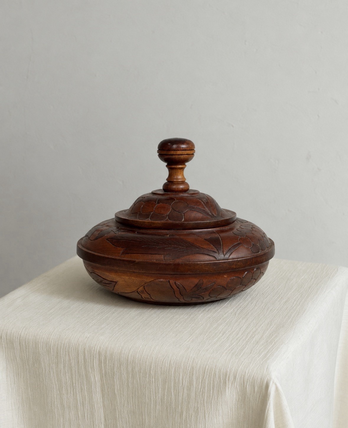 Vintage Hand Carved Wooden Lidded Bowl | Folk Art Floral Bird Motif Treen Dish