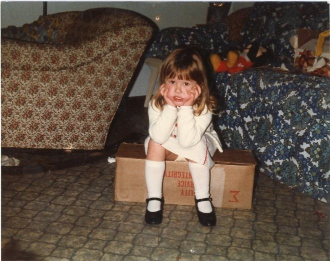 Vtg 1980s Found Photo Bored Little Girl Hands on Knees Face Mary Janes Snapshot