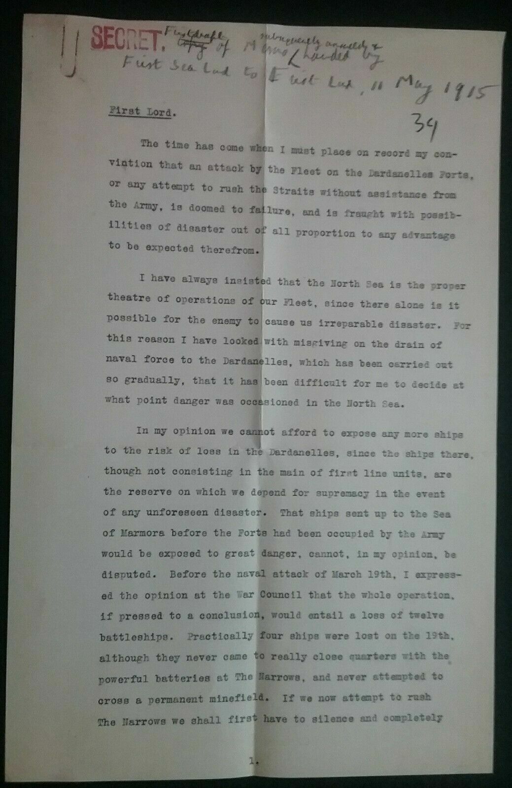 1915 WINSTON CHURCHILL SECRET MEMO DARDANELLES WWII PRIME MINISTER *REPRODUCTION