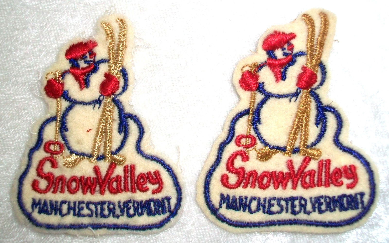 Vintage Snow Valley Manchester Vermont Embroidered Felt Snowman Ski Patches (2)