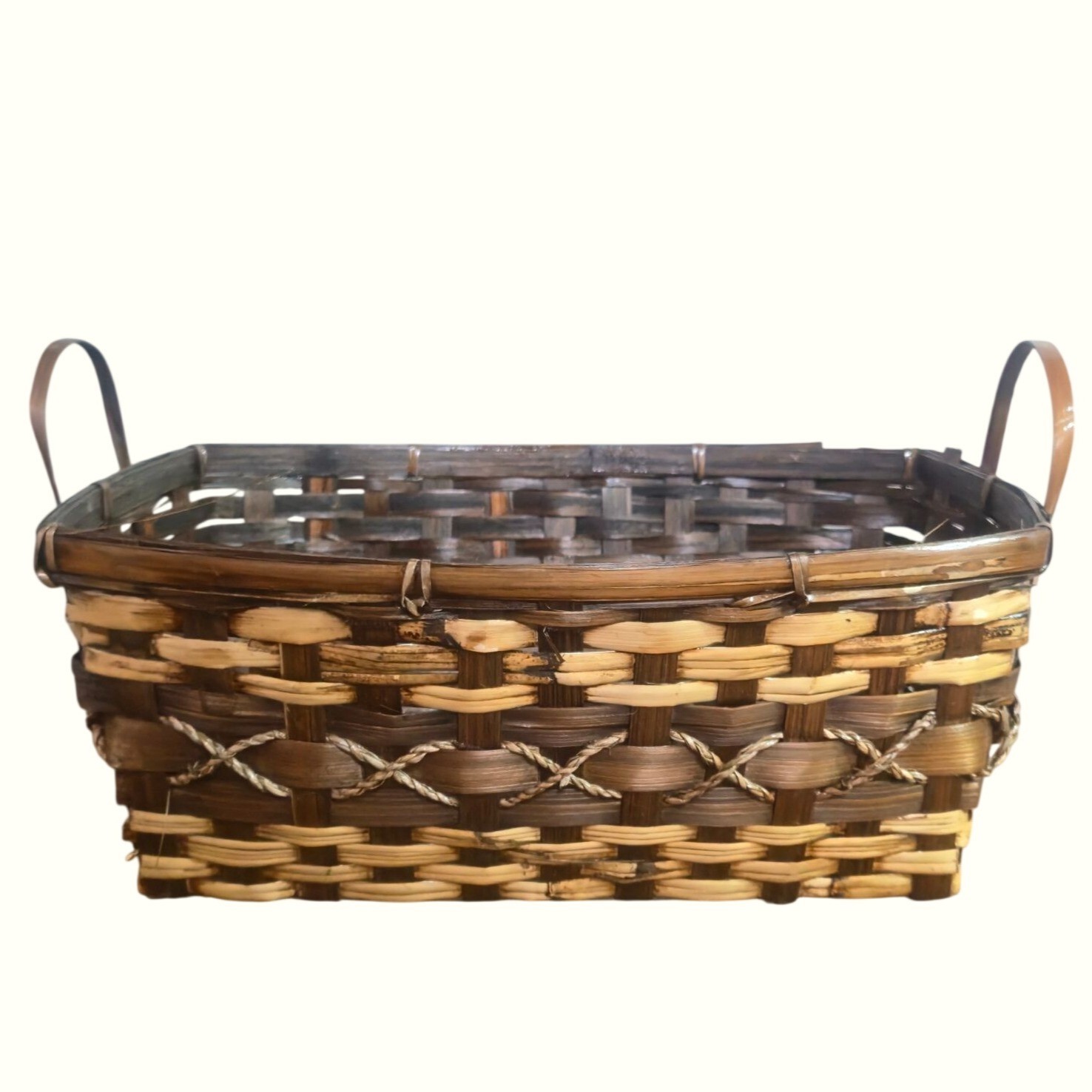 VTG Woven Wood & Reed Basket X-Stitch Accent Handles Rustic Bread Or Serving 15\