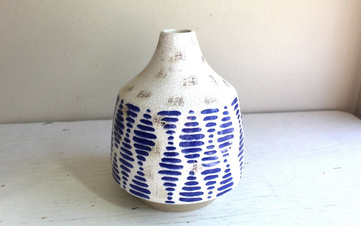 Large Hand Painted Modernist Ceramic Bottle Vase Cobalt Blue Cream Crazed