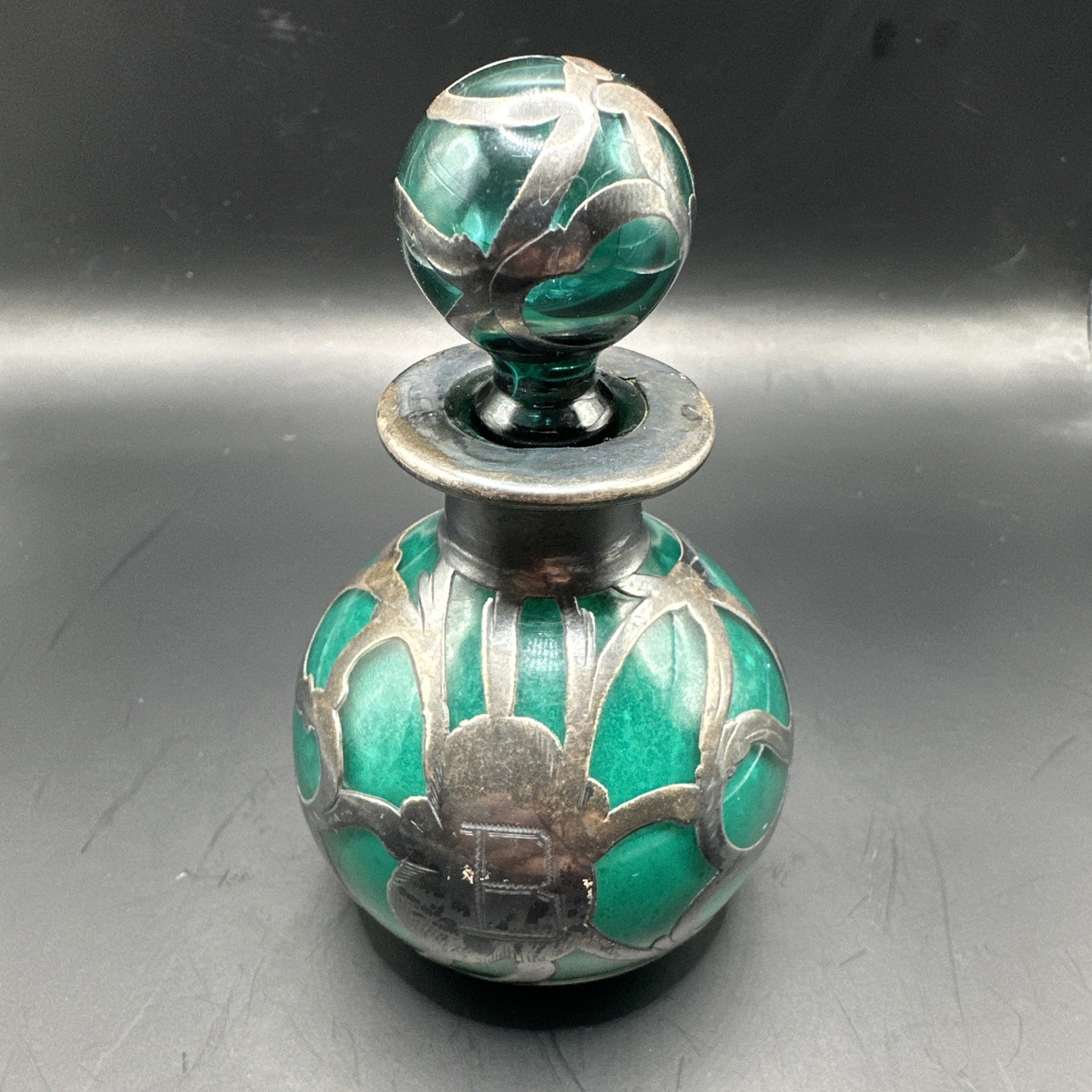 Vintage Art Nouveau Green Blue Aqua Blown Glass perfume Bottle Sterling - Crack Vintage Art Nouveau Green Blue Aqua Blown Glass perfume Bottle Sterling - Crack