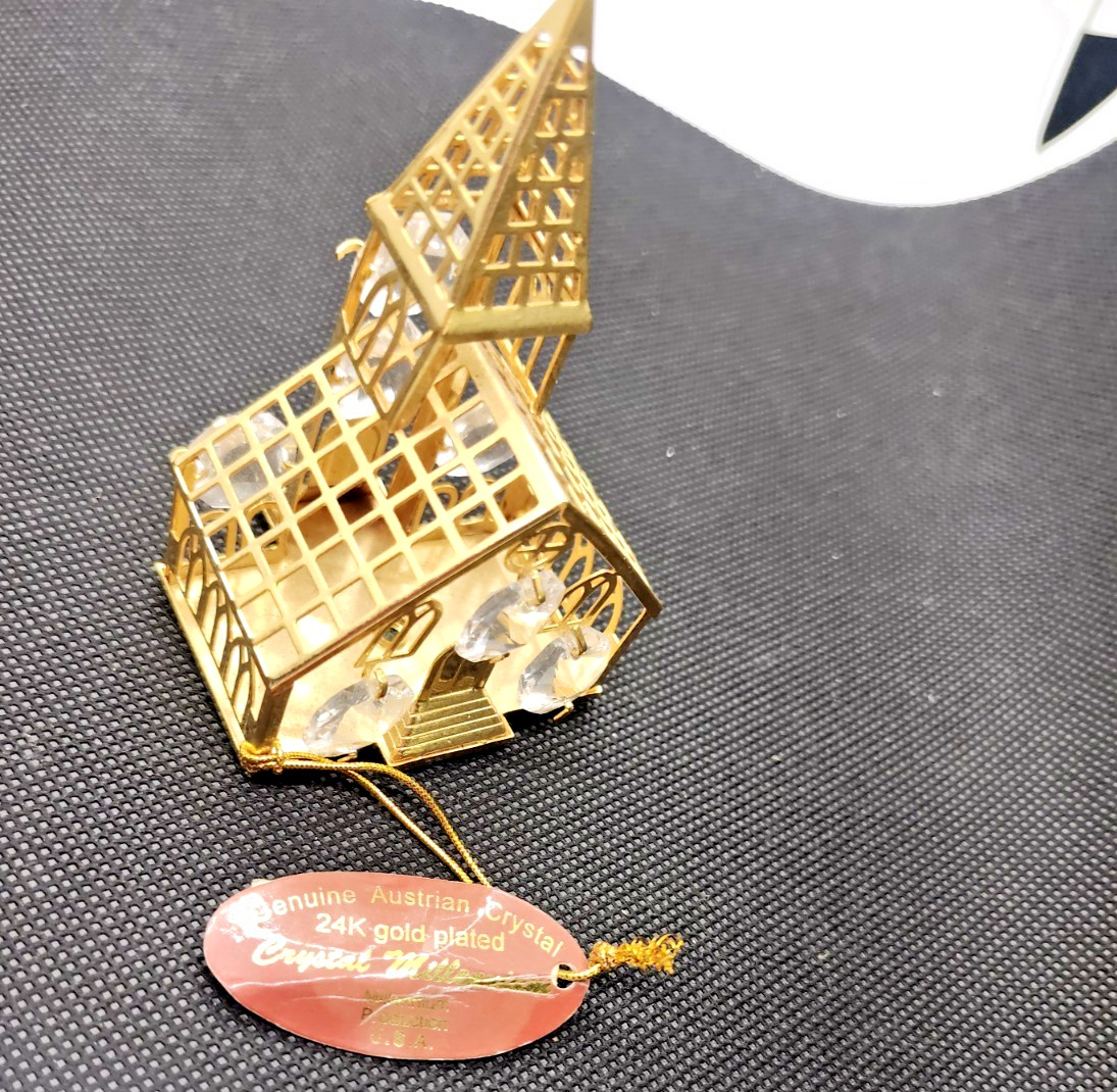 Vintage 24K Gold Plated Church Ornament with Genuine Austrian Crystals - New... Vintage 24K Gold Plated Church Ornament with Genuine Austrian Crystals - New...