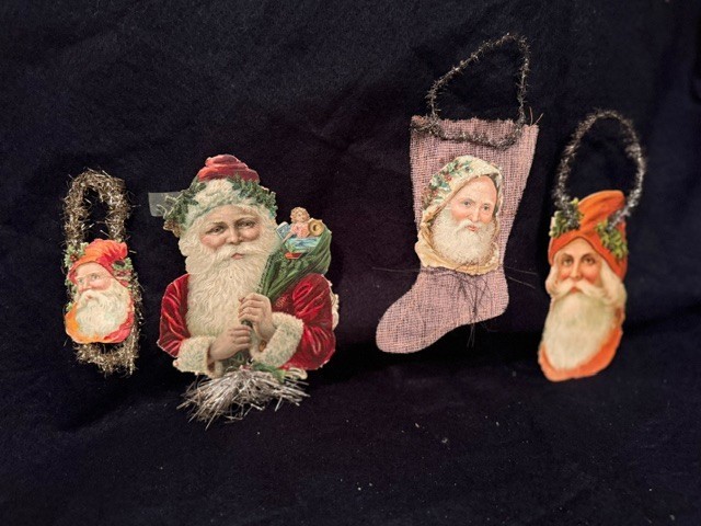 Antique German Christmas Diecut Santas Ornaments Tinsel Amazing Condition Antique German Christmas Diecut Santas Ornaments Tinsel Amazing Condition