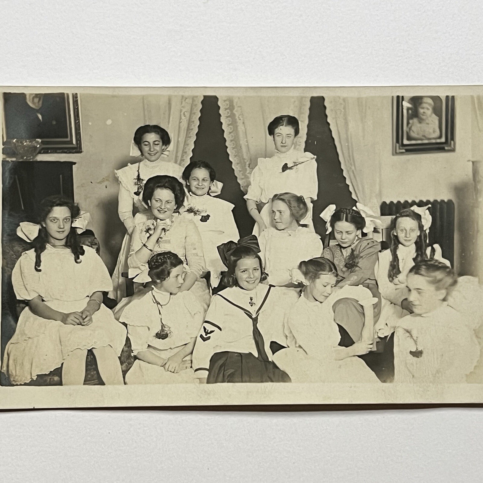 Antique Real Group Photograph Postcard RPPC Adorable Little Girls Bow Smiling