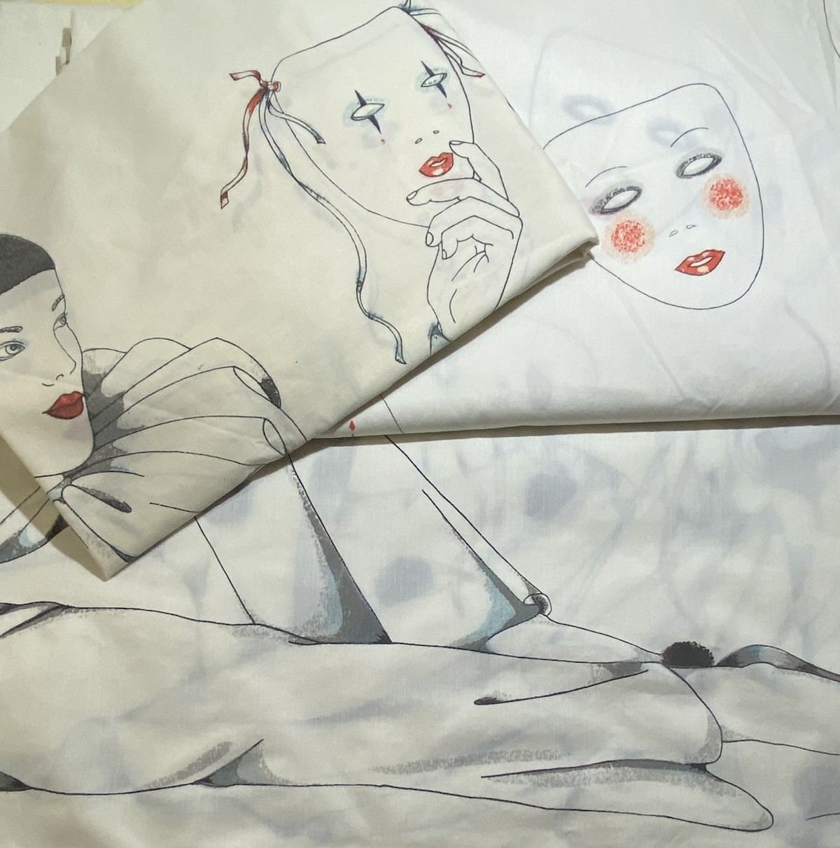 Utica Queen Sheet Set 1970s Joyce Panos Pierrot Mime Stevens Vintage Percale