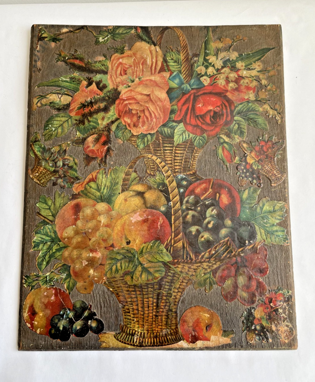 Beautiful antique Victorian 19th century decoupage scrap panel fruit flowers