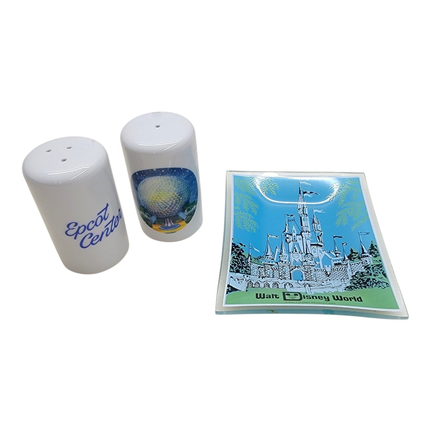 Vintage 1982 Disney World Epcot Center Salt Pepper Shakers Castle Glass Dish Vintage 1982 Disney World Epcot Center Salt Pepper Shakers Castle Glass Dish