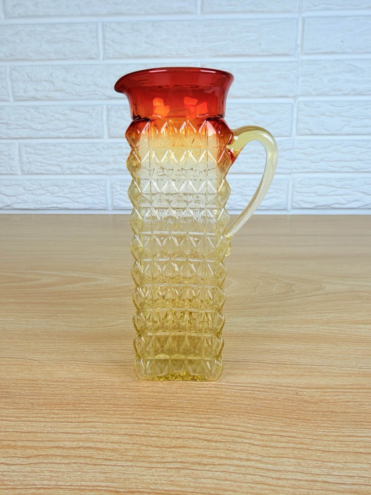 Vintage Kanawha Amberina Glass Pitcher Vase Diamond Point 6” Red Yellow 1960s