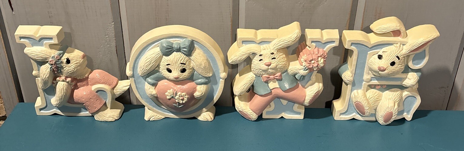 Vintage Homco Burwood 4-Letters LOVE Rabbit Bunny Wall Plaque 3280 - 4 Vintage Homco Burwood 4-Letters LOVE Rabbit Bunny Wall Plaque 3280 - 4