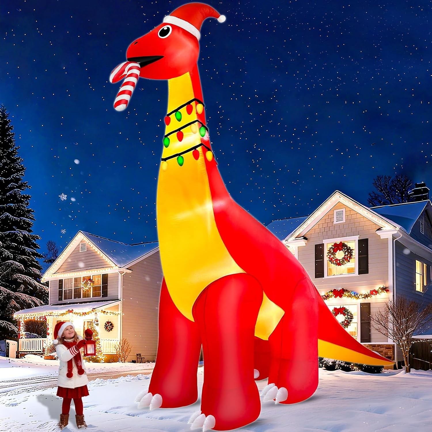 16Ft Ht X 18FT Long Super Giant Christmas Inflatable Dinosaur with Candy Cane Bl 16Ft Ht X 18FT Long Super Giant Christmas Inflatable Dinosaur with Candy Cane Bl