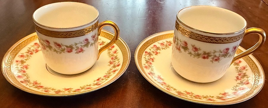 Antique Pair Wm Guerin Limoges Demitasse Cups Saucers - Pink Roses - Gold Laurel