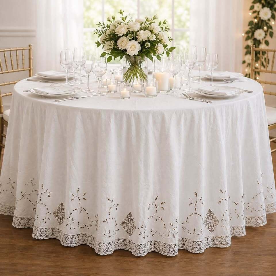 Vintage 120” Round White Cutwork Lace Embroidered Tablecloth Wedding Banquet Vintage 120” Round White Cutwork Lace Embroidered Tablecloth Wedding Banquet