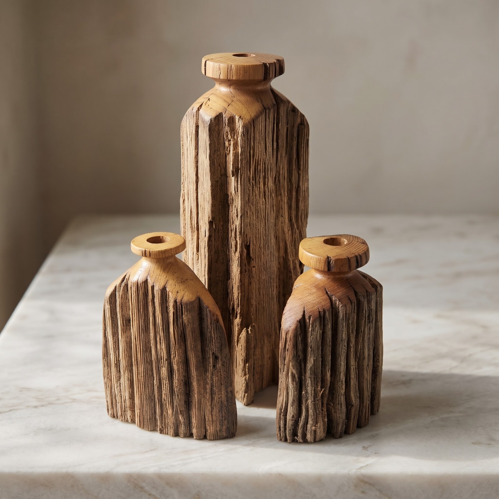 3 Vtg Reclaimed Wood Vases Antique Fence Post Folk Art Rustic Hand Turned Read