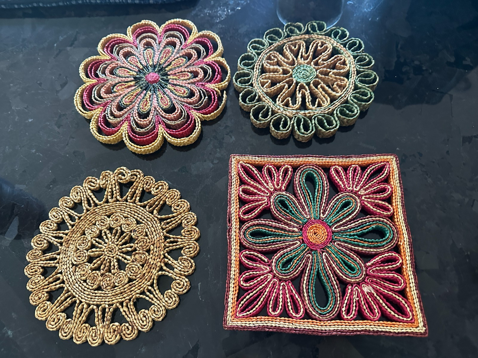 Colorful Vintage Straw Trivets Set of 4 Boho Kitchen Woven Raffia
