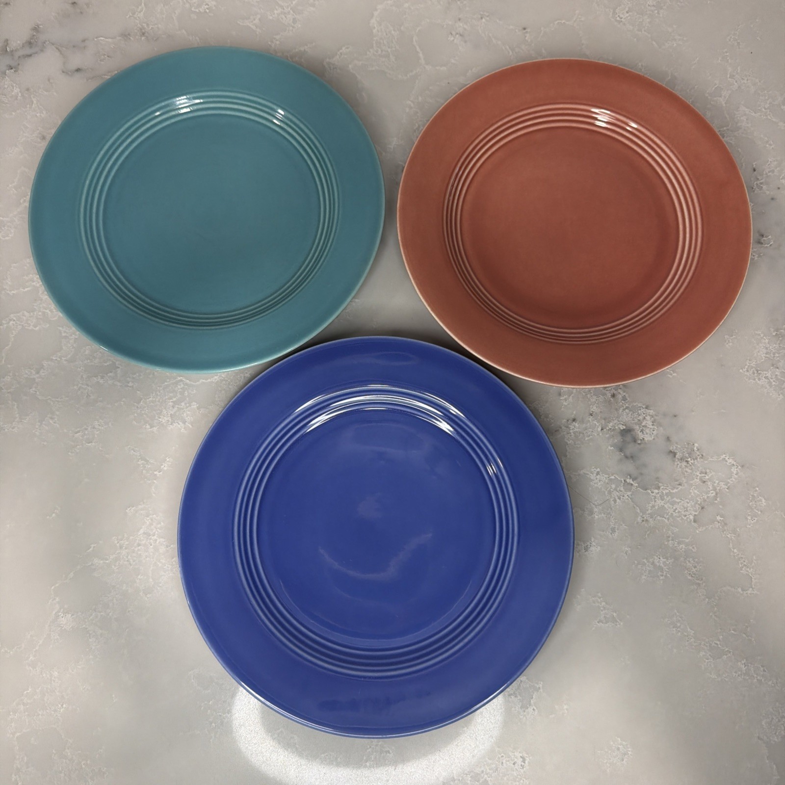 3 VTG Homer Laughlin Harlequin 9” Dinner Plate Set Rose Blue Turquoise