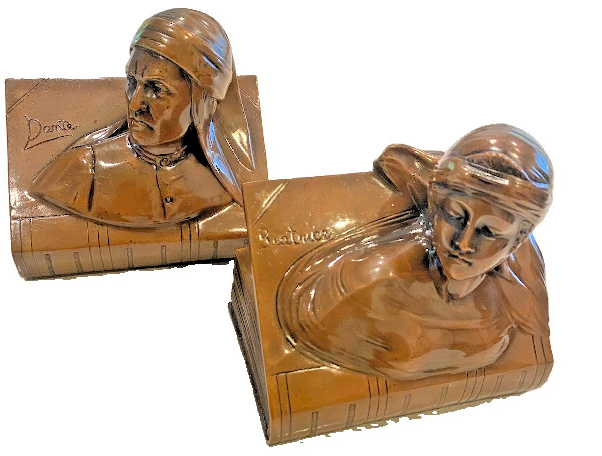 Dante Alighieri & Beatrice Portinari Bronzed Bookends Jennings Brothers Vintage Dante Alighieri & Beatrice Portinari Bronzed Bookends Jennings Brothers Vintage