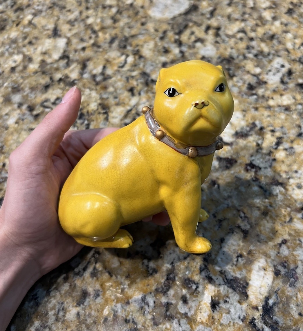 Vintage Pug Dog Figurine Bell Collar Porcelain Ceramic Yellow Chinese Pit Bull Vintage Pug Dog Figurine Bell Collar Porcelain Ceramic Yellow Chinese Pit Bull