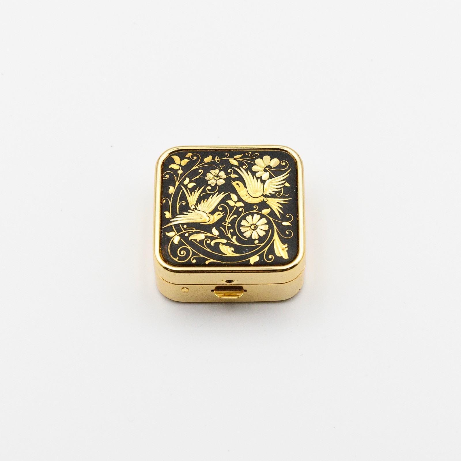 Vintage Spanish Damascene Square Pill Box Toledo Gold Bird Floral Inlay 1.25”