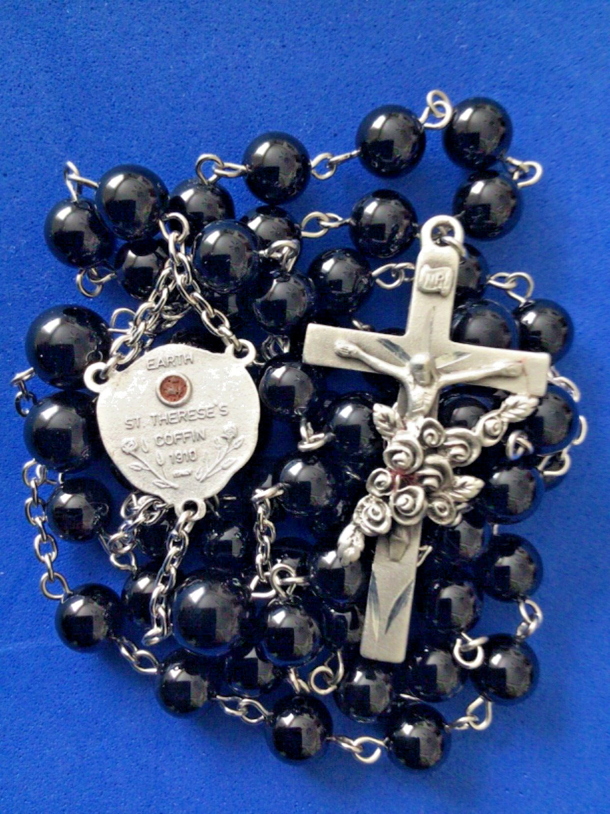 Custom St THERESE Black Onyx SOIL RELIC 1910 St Therese Crucifix 8-10mm Handmade