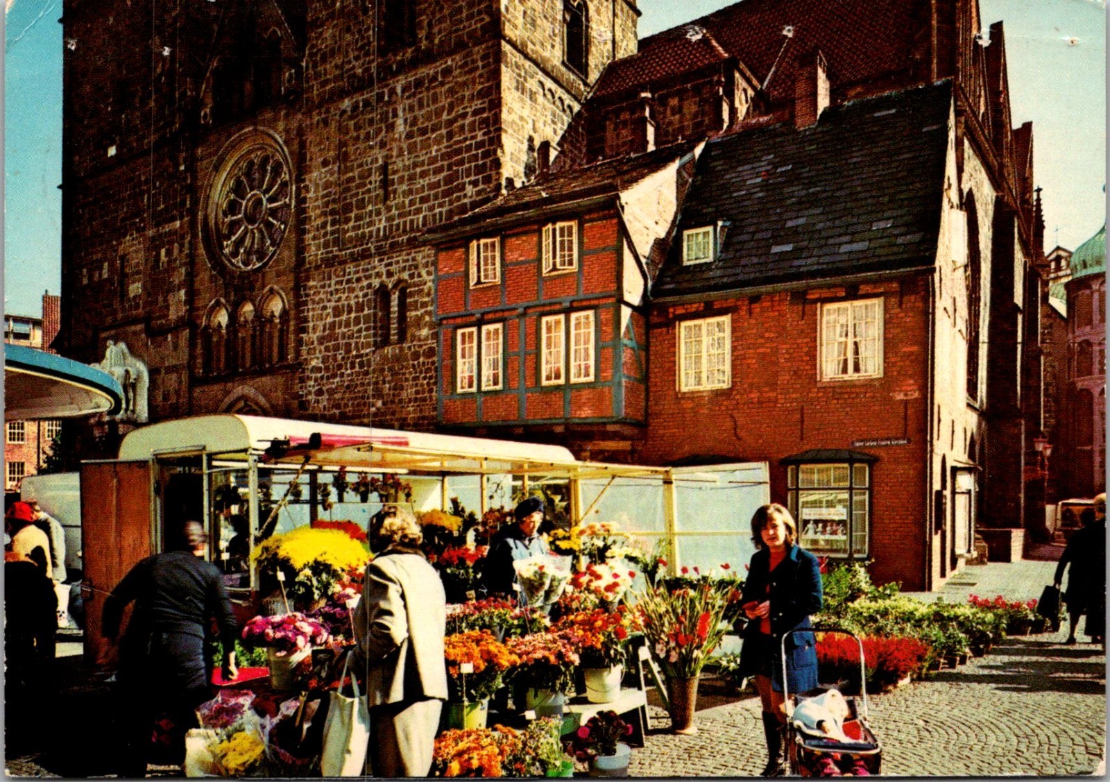Bremen West Germany Flower Stand Market Place Church Postcard Bremen West Germany Flower Stand Market Place Church Postcard