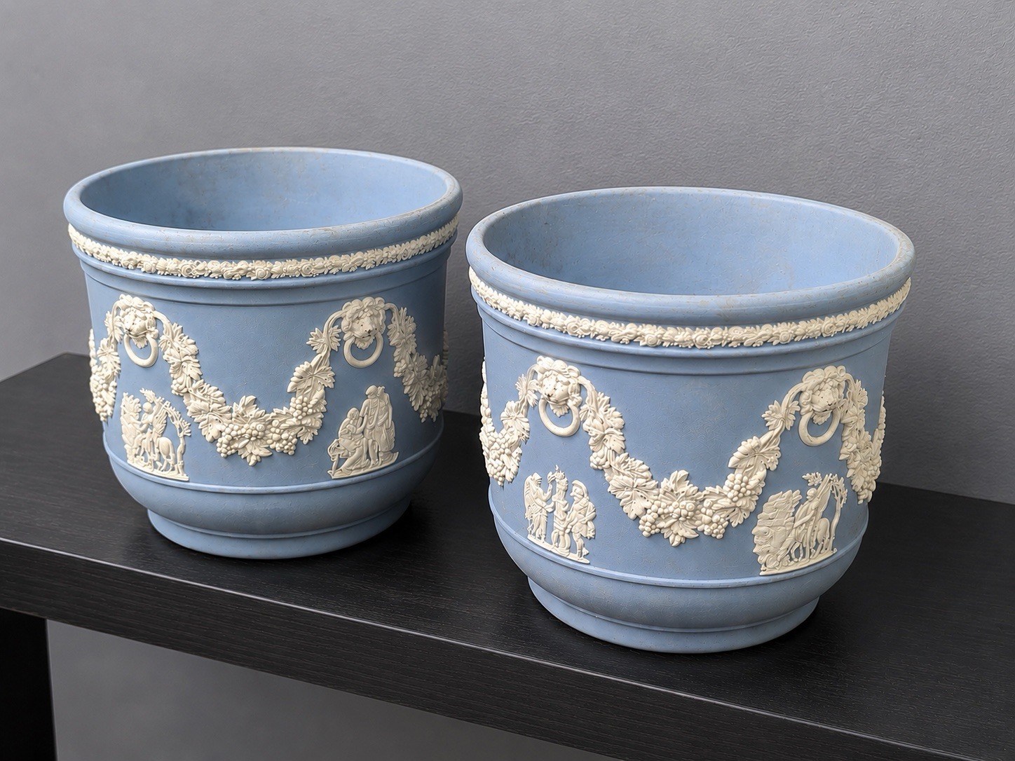 Wedgwood Jasperware Blue White Jardiniere Planter Pots Pair Made England
