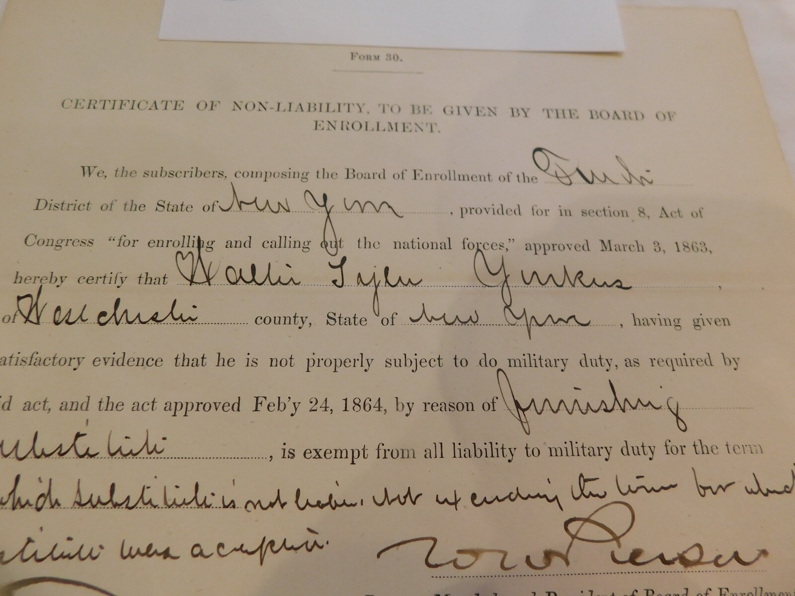 703 Civil War Substitute Certificate 1864 Signed Provost Marshall Yonkers NY