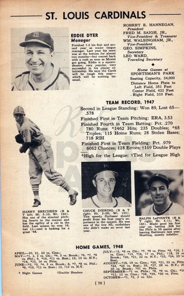 1948 St. Louis Cardinals Team Stan Musial  Vintage Baseball Photo Page 6x9
