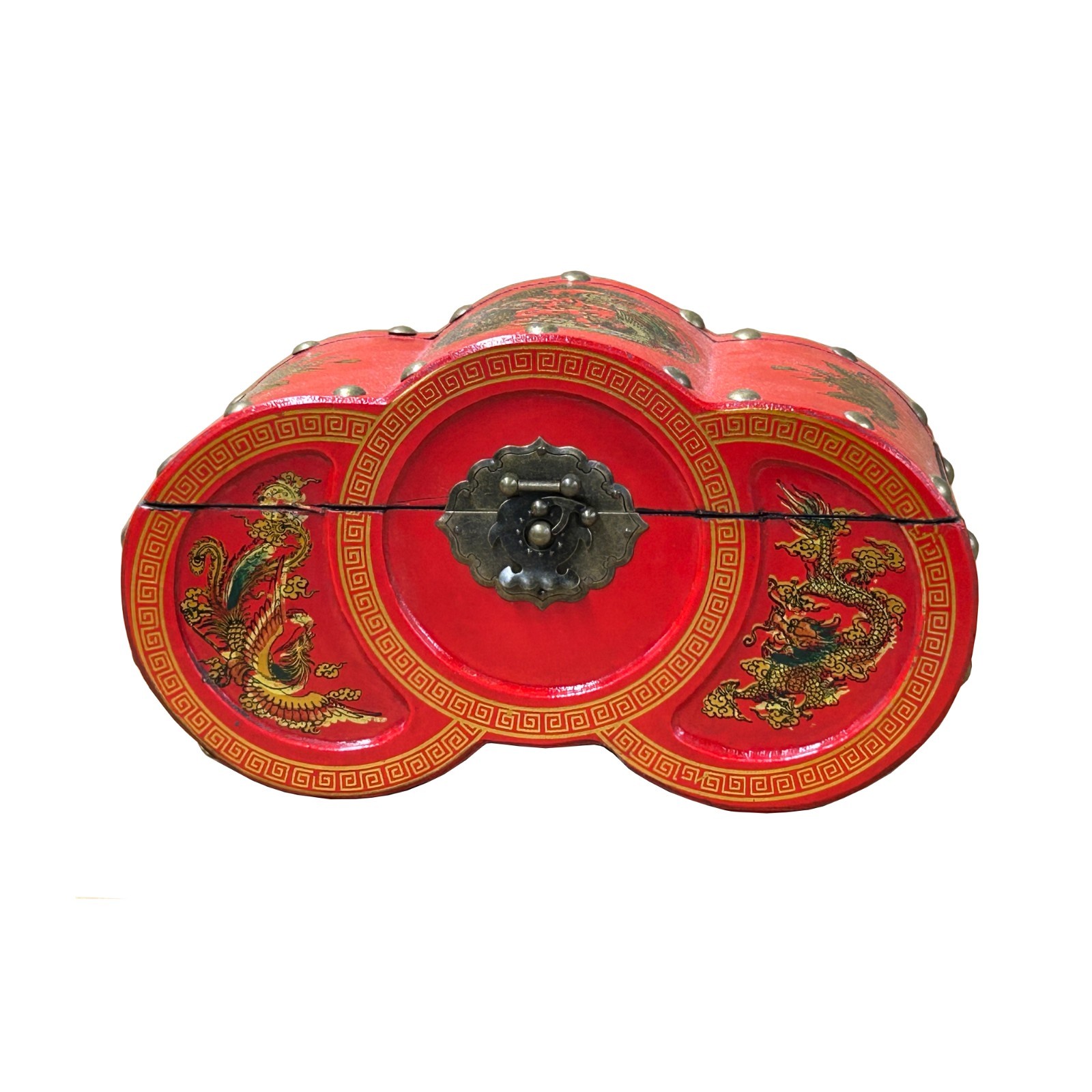 Oriental Bright Red Dragon Phoenix Graphic Circles Shape Container Box GB220