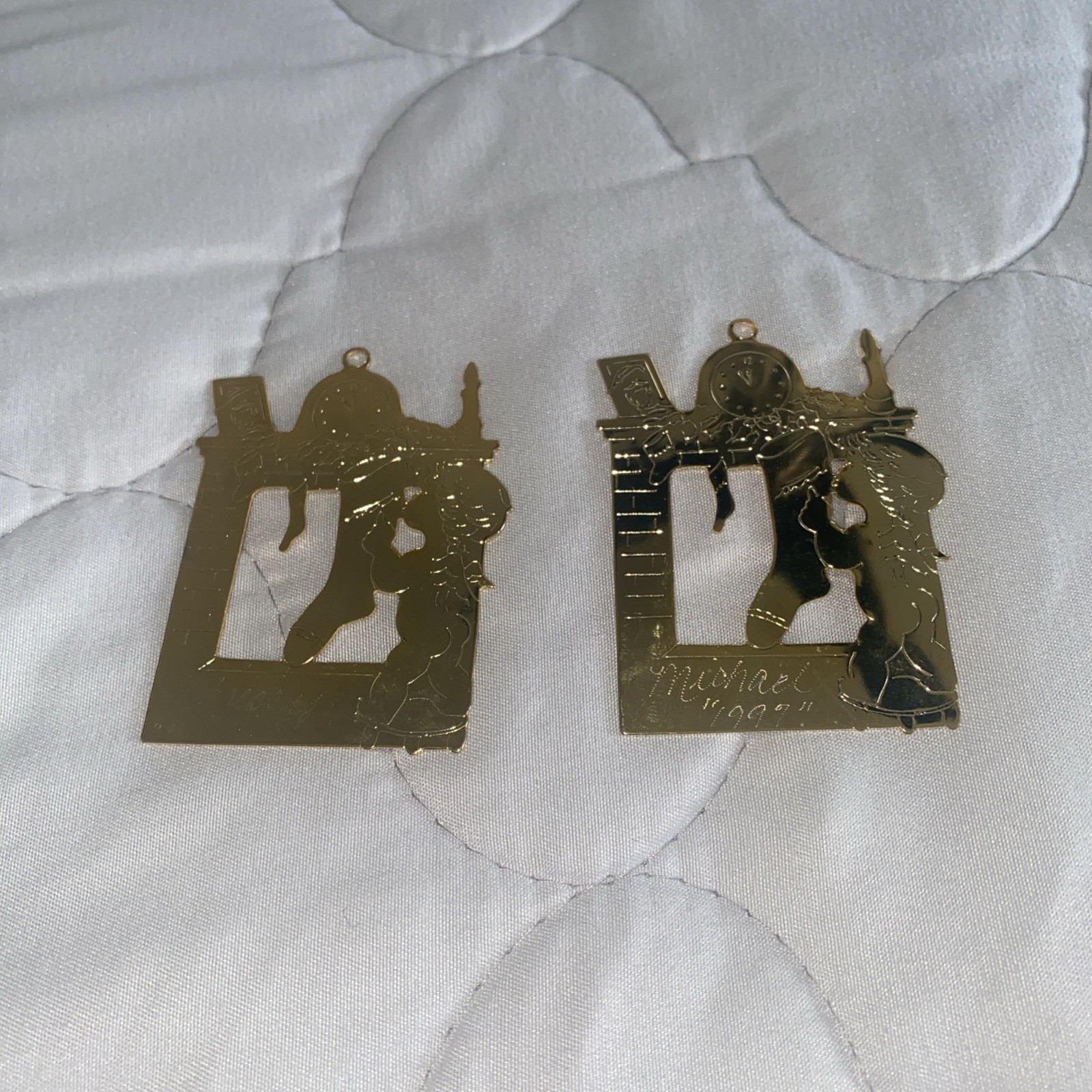 G Duchin Vintage 97’ Christmas Ornaments Fireplace Angel Set Of 2 *etched Names G Duchin Vintage 97’ Christmas Ornaments Fireplace Angel Set Of 2 *etched Names
