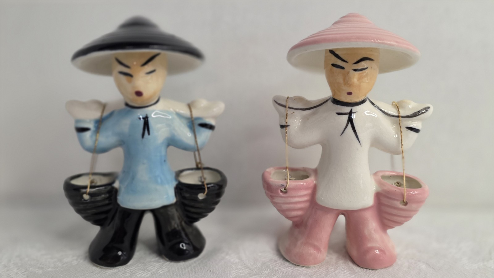 Vintage Japan Set Of 2 Figurines, Carrying Water Buckets. Ceramic-1950s