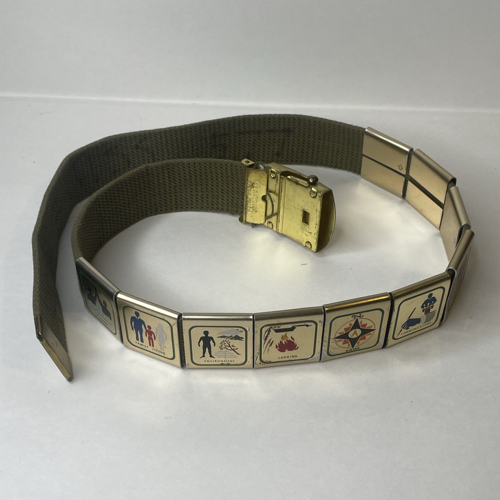 VTG Boy Scouts of America Brass Belt w/ 10 Skill Merit Awards Metal Badges