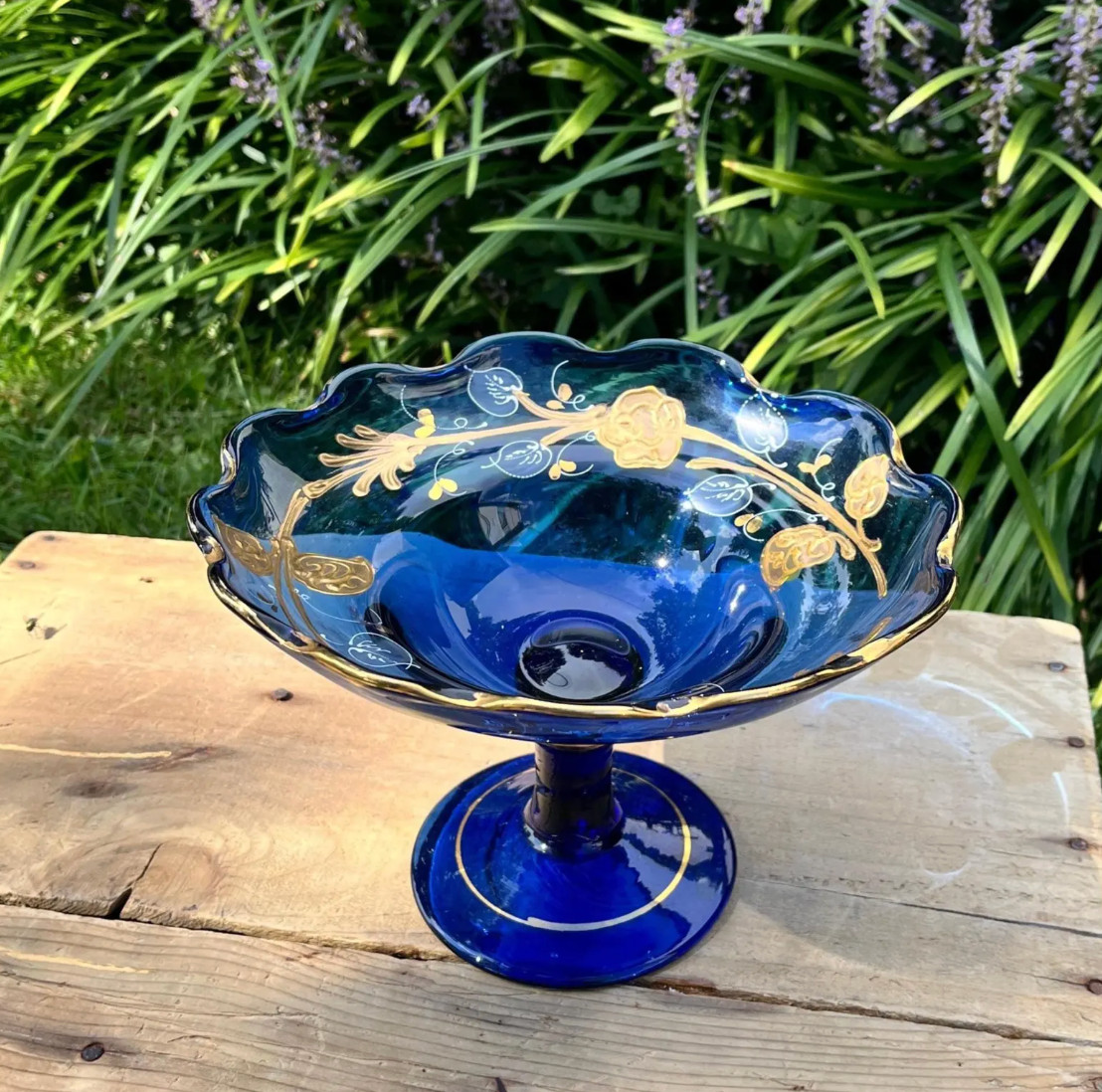 Antique Victorian Cobalt Blue Glass Compote - Hand Blown Pontil Scar, Gold