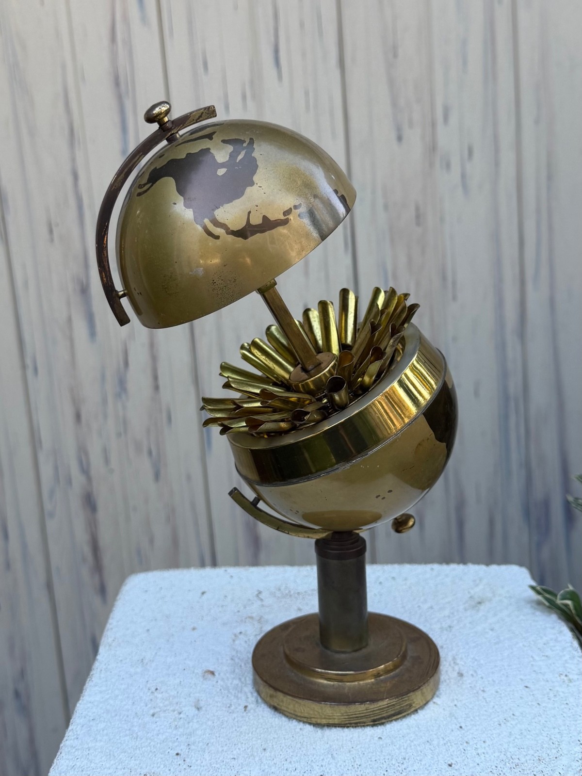 Vintage 1950s MCM Brass World Globe Cigarette Holder Dispenser Midcentury Modern