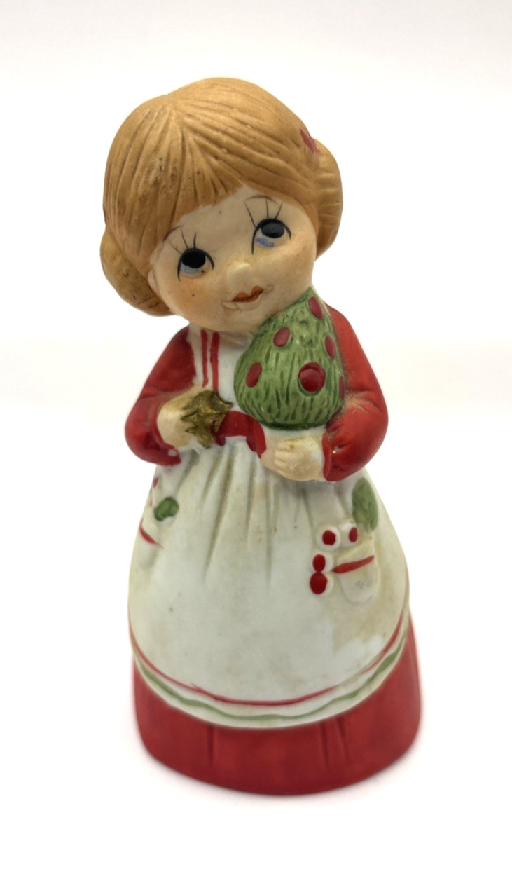 Vintage 1978 Jasco Merri Bells Porcelain Christmas Girl with Tree Figurine Bell Vintage 1978 Jasco Merri Bells Porcelain Christmas Girl with Tree Figurine Bell