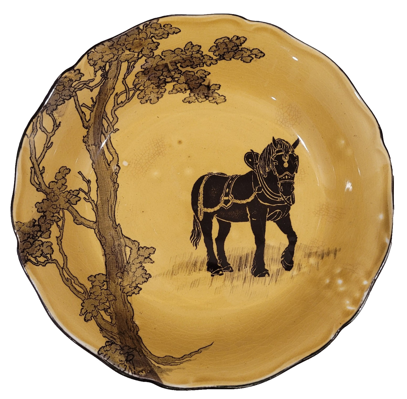 Antique Royal Doulton Amber Yellow Plate With Horse Motif Made In England