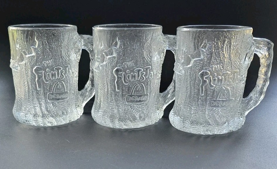 \'93 Vintage McDonalds Flintstones RocDonalds Glass Mugs Lot of 3 New Never Used