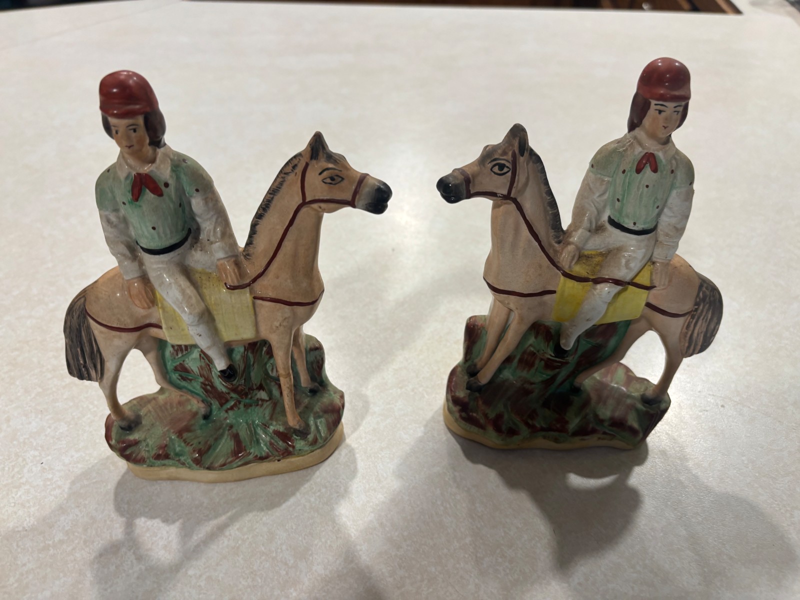 Antique Staffordshire Fred Archer Jockey Horse Figurines Pair Victorian 1880s